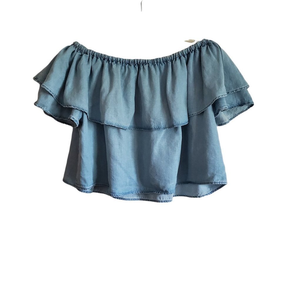 Zara Woman Premium Denim Collection Cropped On and Off Shoulder Ruffle Blouse
